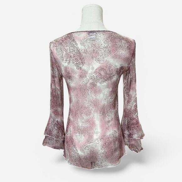 VTG Y2K Timid Sheer Pink & Brown Silk Paisley Keyhole Bell Sleeve Fairycore Top - Picture 7 of 8